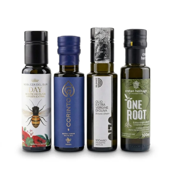 A row of extra virgin olive oil bottles stocked in our shop