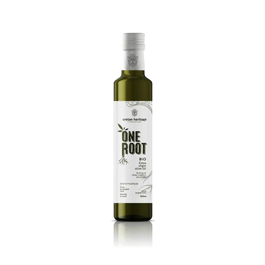 Bottle of Cretan Heritage One Root Bio extra virgin olive oil