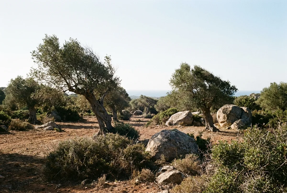 Olive country in Sardinia — a generated illustration, not a photograph of a specific grove
