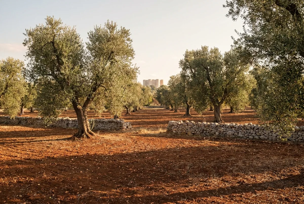 Olive country in Puglia — a generated illustration, not a photograph of a specific grove