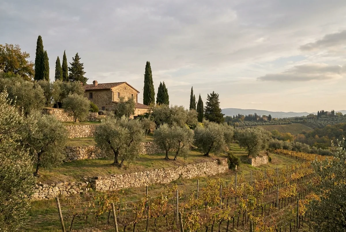 Olive country in Tuscany — a generated illustration, not a photograph of a specific grove