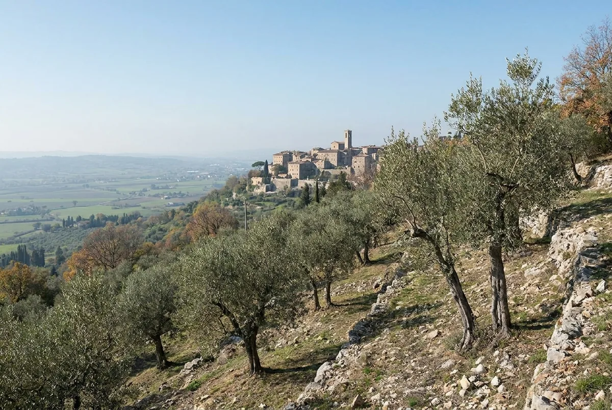 Olive country in Umbria — a generated illustration, not a photograph of a specific grove